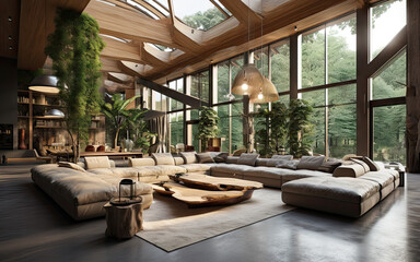 Fototapeta premium Beautiful interior of a Scandinavian house, with wooden decor elements. Large cozy sofa, rug, wooden table and panoramic windows that show the forest surrounding the house.