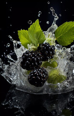 Ripe blackberries in a splash of water on a dark background.