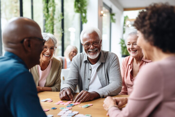 Diverse group of seniors playing board games indoors. - Powered by Adobe