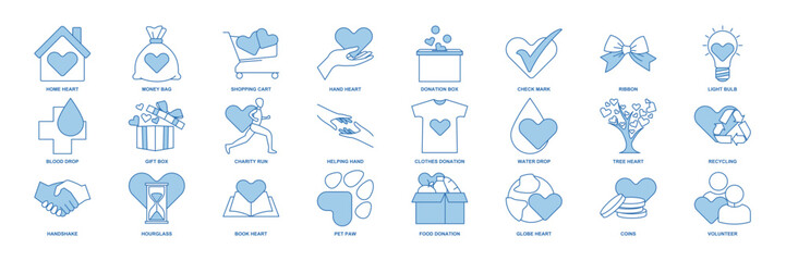 Charity, Kindness, Donation icon set, Included icons as Donation Box, Handshake, Volunteer and more symbols collection, logo isolated vector illustration