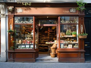 Retro charming storefront with wood carpentry and an elegant vintage feel, generative AI