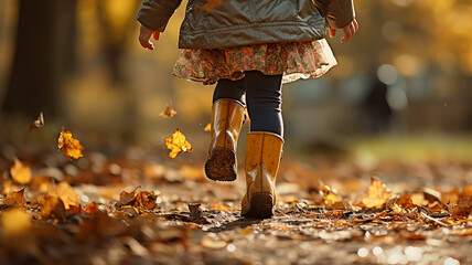 girl child close-up legs, running along the path in the autumn park, leaf fall leaves fly around