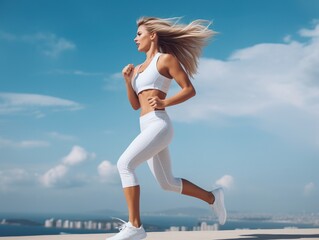 Fototapeta premium Young woman running at the beach, generative ai