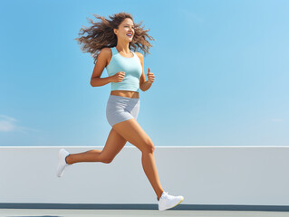 Young woman running at the beach, generative ai