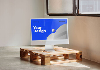 Mockup of desktop computer with customizable monitor, all in one, on wooden crate