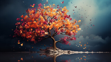 multicolored autumn tree is a symbol of nature on an unusual background computer graphics logo