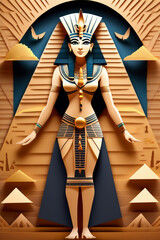 Portrait of the Egyptian princess in gold jewelry. Queen Cleopatra. egypt goddess paper art, paper cut style.