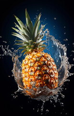 Ripe pineapple in splashes of water on a dark background.