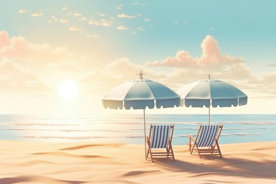 Escape to a paradise of relaxation with this inviting beach scene featuring chairs and an umbrella is AI Generative.
