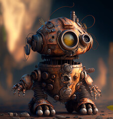 Little steampunk robot, rusty, background, illustration, 