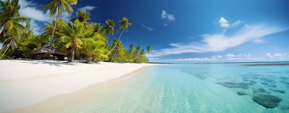 playa paradisiaca de arena blanca con cielo azul y palmeras, sobre fondo de cielo azul, nubes blancas y mar transparente