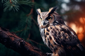 A beautiful owl on a branch in the middle of the night forest