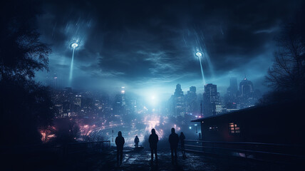 Fototapeta na wymiar alien visit, flying UFO saucer lands in mysterious atmosphere of night fog
