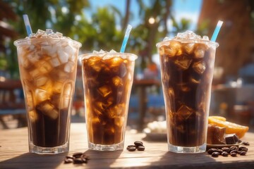 Three Glasses of Iced Coffee with Whipped Cream and Caramel on a Wooden Table
