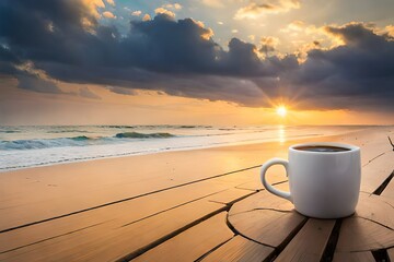cup of coffee on the beach generated AI