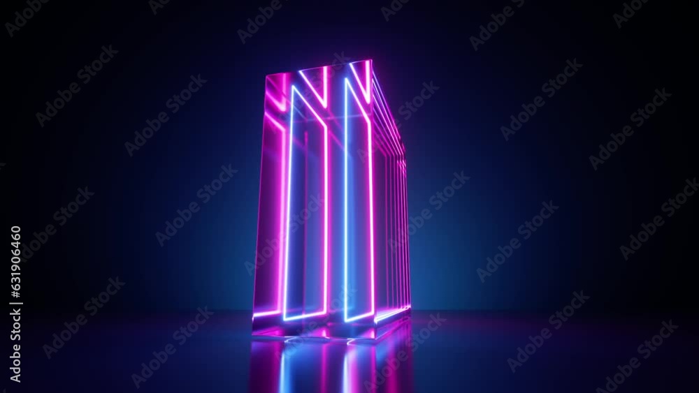 Poster a glass cube with neon glowing lines spinning around. 3d vj loop motion animation. modern minimal ul