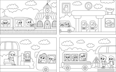 Naklejka premium Vector black and white transportation scenes set. Cute line kids driving transport. Horizontal landscapes or coloring page with boys and girls on railway, gas station. Cartoon children.