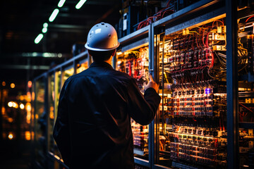 Fototapeta premium Rear view of a man standing in uniform and hard hat. Engineer standing near the electric panels with numerous wires.
