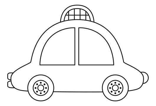Vector black and white taxi car. Funny line cab for kids. Cute vehicle clip art. Retro transport icon or coloring page isolated on white background.
