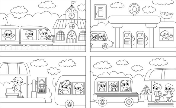 Vector black and white transportation scenes set. Cute line kids driving transport. Horizontal landscapes or coloring page with boys and girls on railway, gas station. Cartoon children.