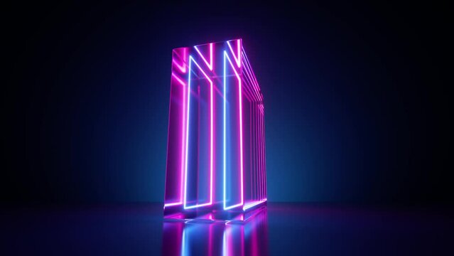 A glass cube with neon glowing lines spinning around. 3d VJ loop motion animation. Modern minimal ultraviolet animated background - Powered by Adobe