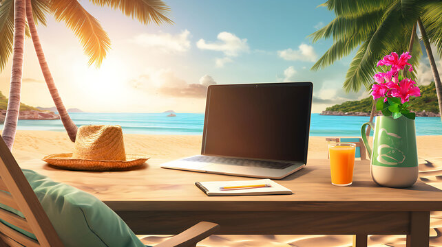 Teleworking at the beach, business, laptop, working on a laptop outside, in front of the sea, teleworking from everywhere, man siting at the beach with a laptop, working from abroad, paradise island