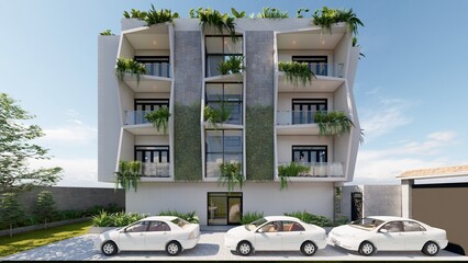 Four-story multi-family building, with concrete, wood and flagstone materials. Eco-sustainable parametric façade, with a lot of vegetation in the surroundings.