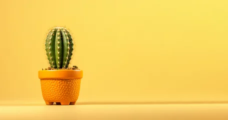 Deurstickers green cactus plant in a pot on a yellow background © Sheviakova