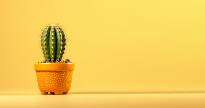 green cactus plant in a pot on a yellow background - Powered by Adobe