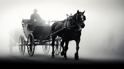 a cab a horse drawn carriage in the night fog detective old europe