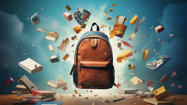back to school background, school backpack levitating flying among a whirlwind of educational supplies modern trendy view on solid