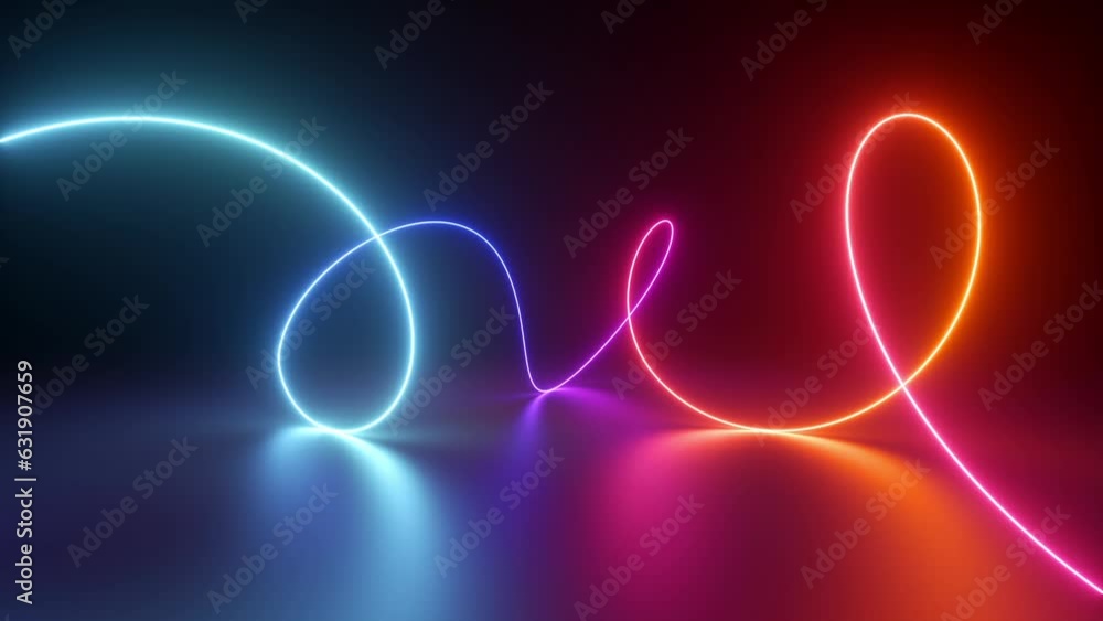 Poster abstract looping 3d animation, endless neon curvy spiral line inside the dark room with reflection o