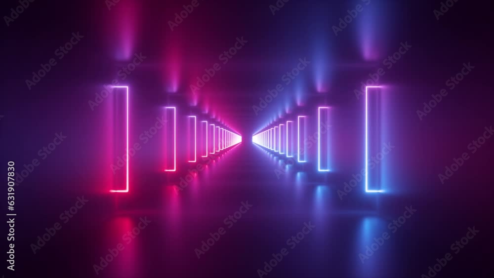 Poster abstract neon corridor of glowing lines and stripes. slow flight forward the endless tunnel. 3d vj l