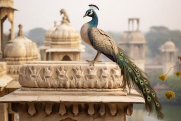 Fototapeta premium Peacock on the edge of the Taj Mahal in Agra, India, A captivating image of a majestic exotic bird in city, AI Generated