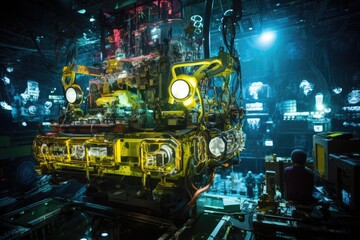 Obraz premium Industrial robot manipulator in factory. Industrial robot manipulator. A seabed mining operation in the heart of the Pacific, an underwater environment and unique features of the mine, AI Generated