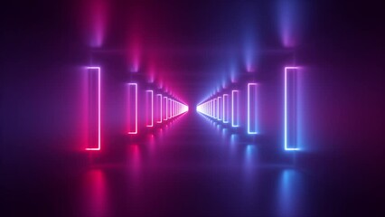 Abstract neon corridor of glowing lines and stripes. Slow flight forward the endless tunnel. 3d VJ loop animation - Powered by Adobe
