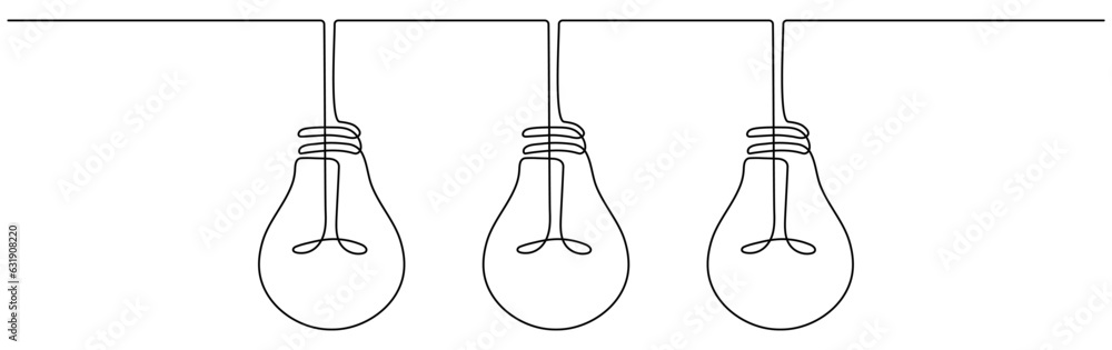 Poster three lightbulbs continuous one line drawn. lamp linear symbol. vector illustration isolated on whit