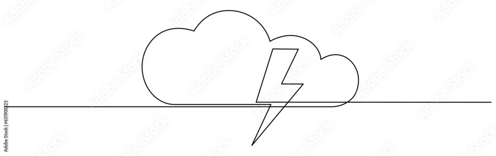 Poster cloud with thunderbolt continuous one line drawn. lightning bolt linear symbol. bad weather sign. ve