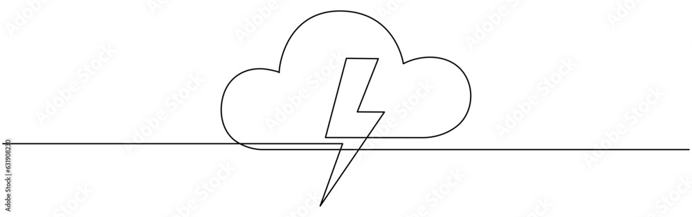 Poster cloud with thunderbolt continuous one line drawn. lightning bolt linear symbol. bad weather sign. ve