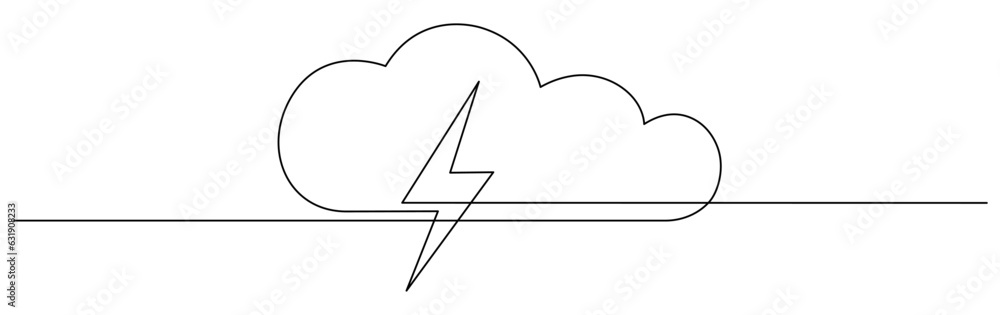 Poster cloud with thunderbolt continuous one line drawn. lightning bolt linear symbol. bad weather sign. ve