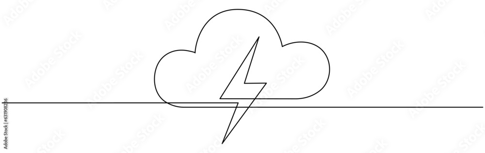 Poster cloud with thunderbolt continuous one line drawn. lightning bolt linear symbol. bad weather sign. ve