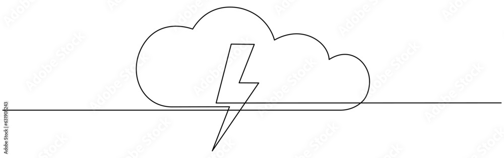 Poster cloud with thunderbolt continuous one line drawn. lightning bolt linear symbol. bad weather sign. ve