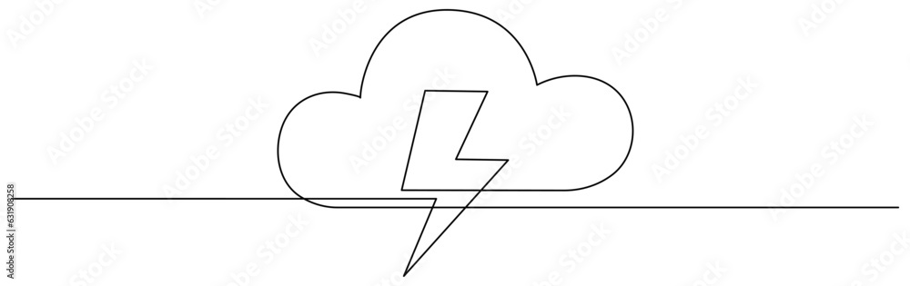 Poster cloud with thunderbolt continuous one line drawn. lightning bolt linear symbol. bad weather sign. ve