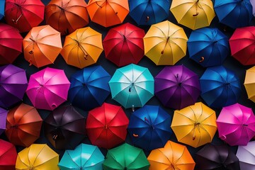 Multicolored umbrellas background. Colorful umbrellas background. A colorful rainbow of umbrellas on a rainy day, AI Generated