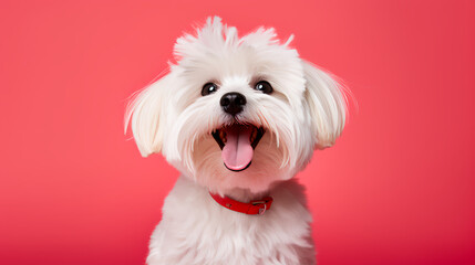 A delighted maltese on a coral background