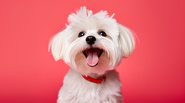 A delighted maltese on a coral background