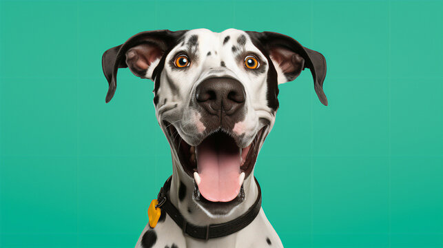 An excited great dane on an emerald background