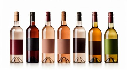 Set of wine bottles on a white background. Bottles of wine with empty label MOCK UP.