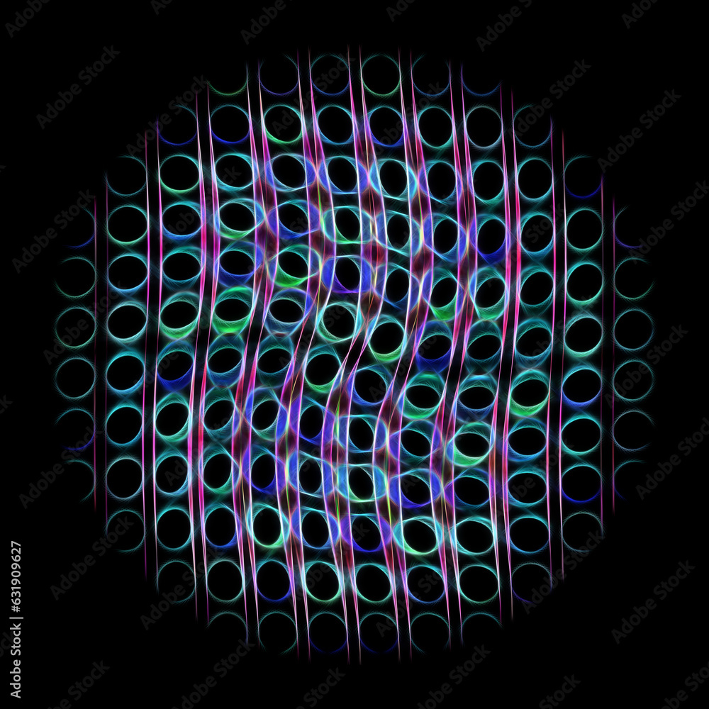 Poster purple and green perforated exploding circular design on a black background