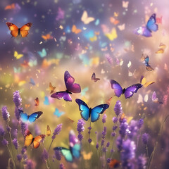  A sunny summer nature background sets the stage for a breathtaking display of beauty. Graceful butterflies flutter amidst a mesmerizing sea of lavender flowers, bathed in the golden hues of sunlight. - obrazy, fototapety, plakaty